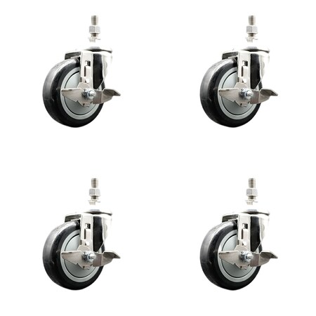 Service Caster 4 Inch 316SS Black Polyurethane Swivel 1/2 Inch Threaded Stem Caster Set Brake SCC SS316TS20S414-PPUB-BLK-TLB-121315-4